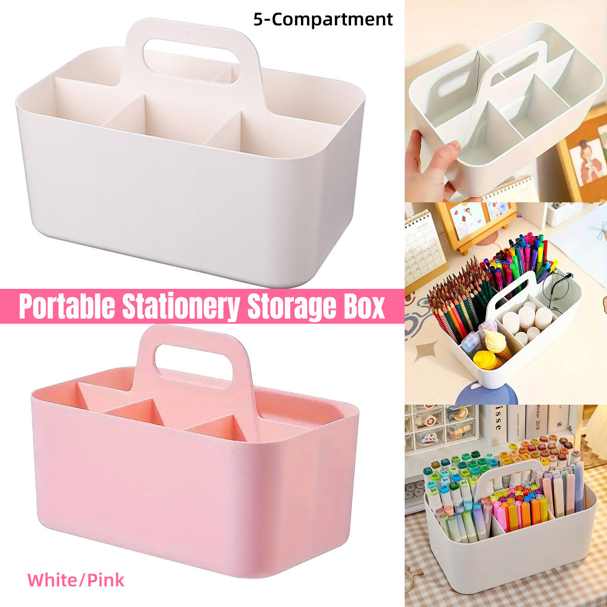 Desktop Organiser with Handle 5 Compartments Removable Dividers