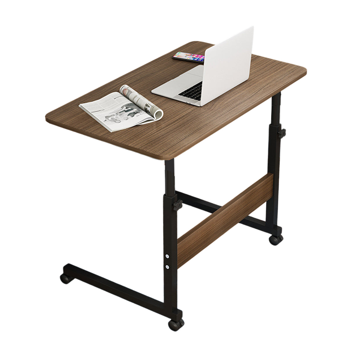 Mobile Bedside Table with Adjustable Height and Wooden-Tone Desktop