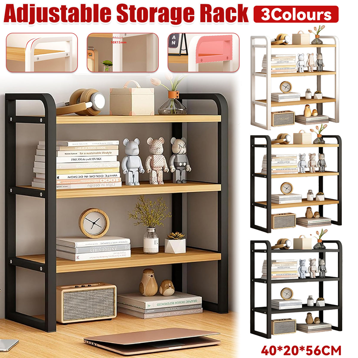 3-Tier Desktop Storage Rack Steel Frame for Books