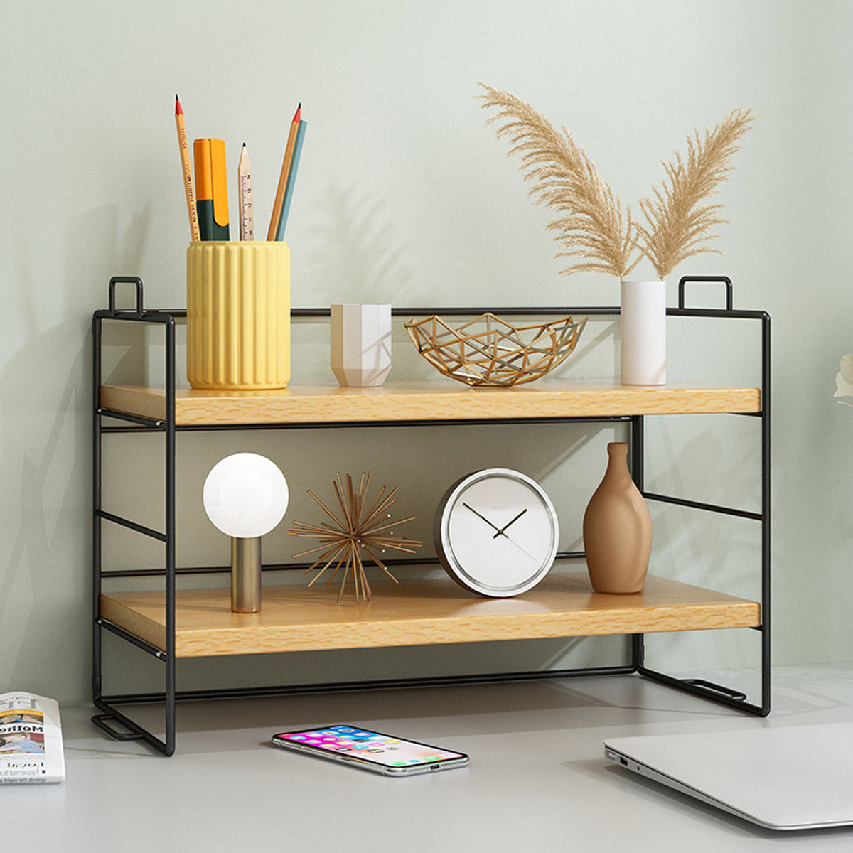 2-Tier Desktop Shelf Metal Frame and Wood Shelves
