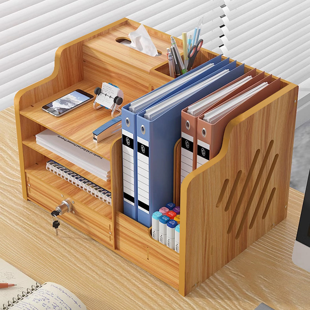 Desktop Storage Box Desk Organizer with Lock 38.8×29×28cm Wood