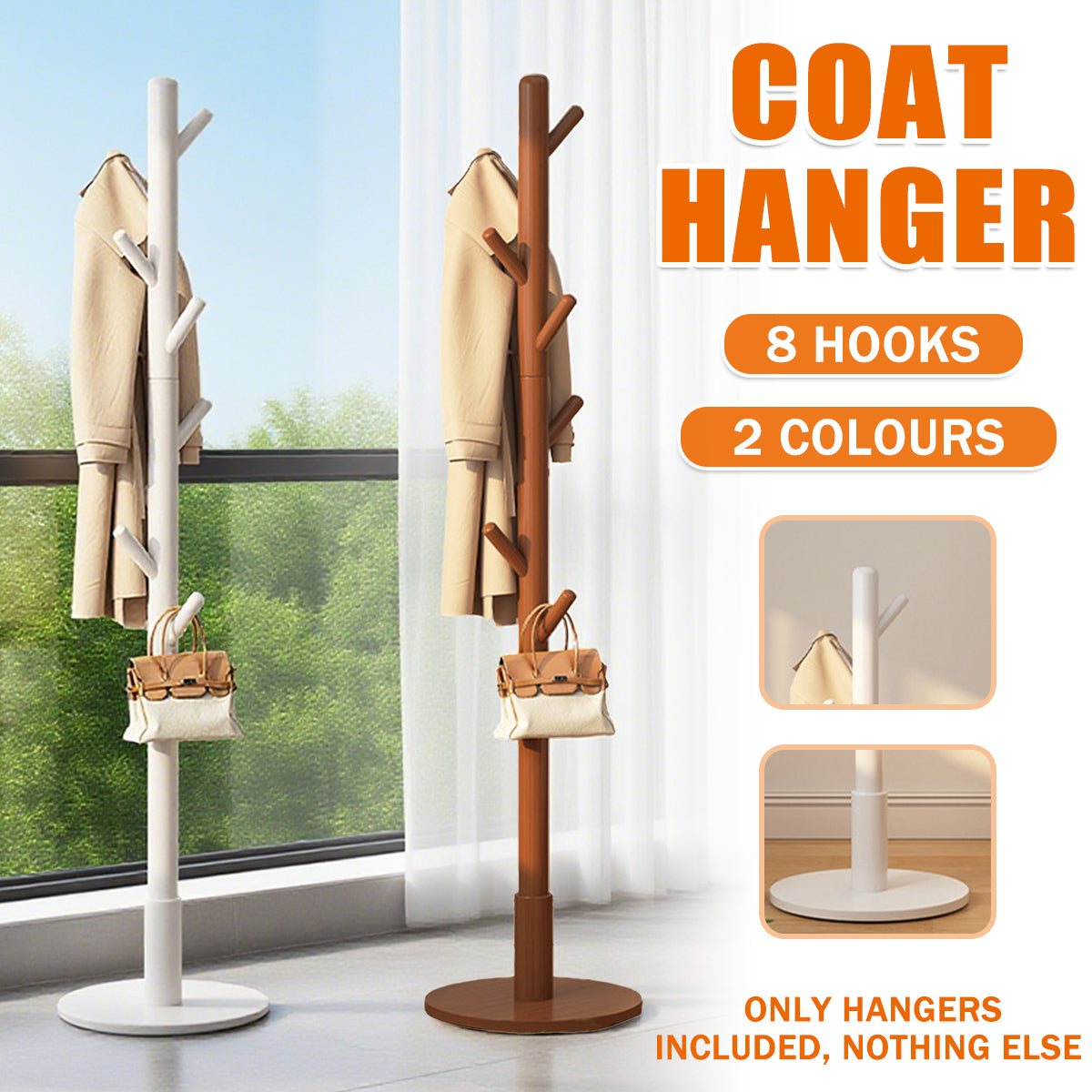 Solid Wood Clothes Hanger Floor Coat Rack with 8 Hooks