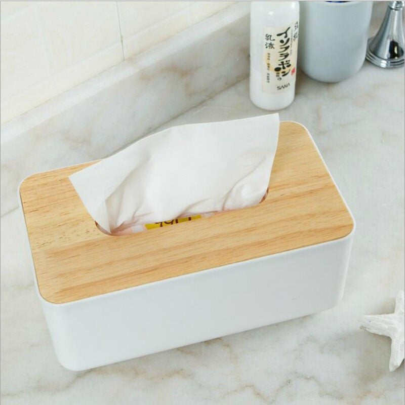 Tissue Box Holder Paper Storage Case with Wooden Cover