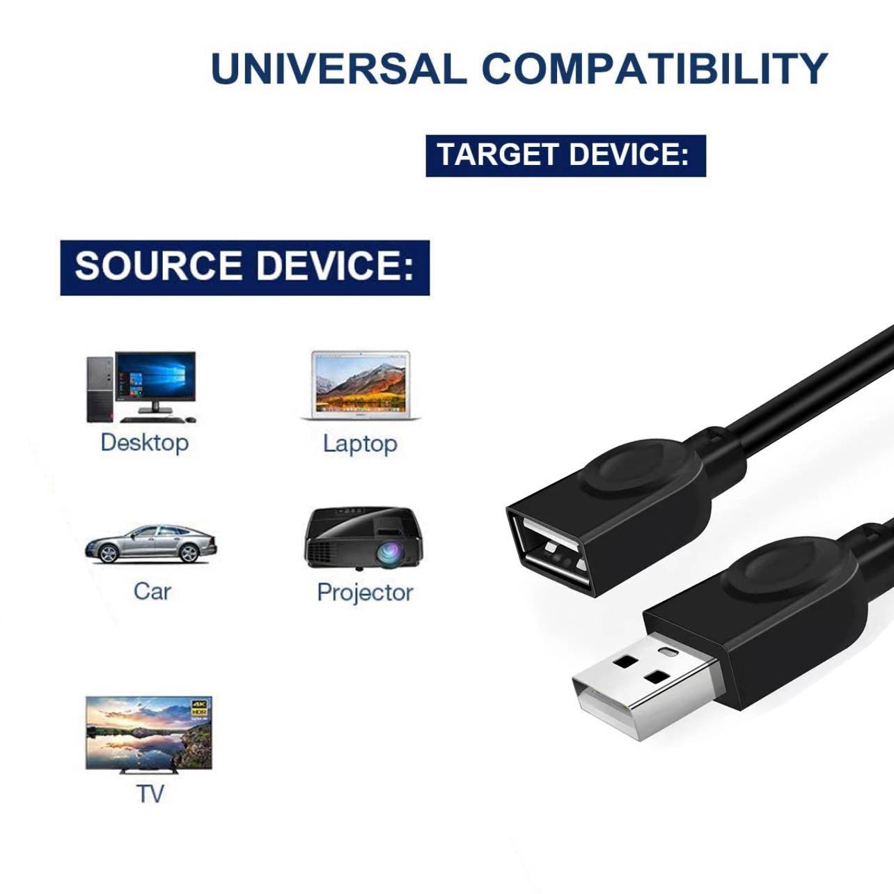 USB Extension Cable 2.0 A Male to Female Long Data Cord Black