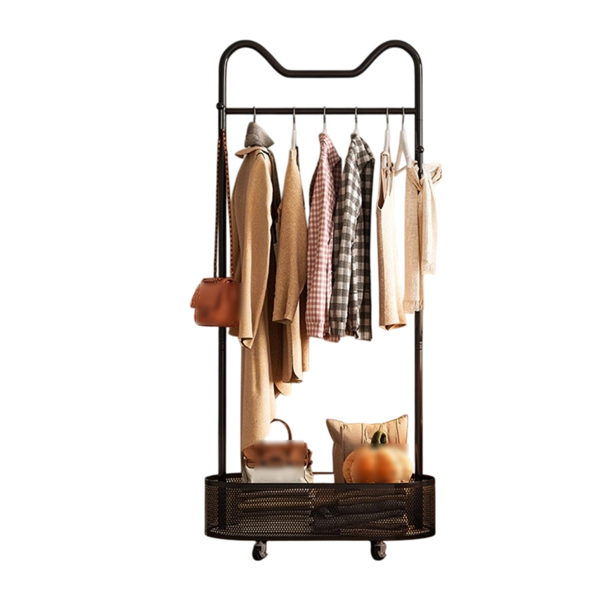 Moveable Clothes Rack with Wheels Basket and Hooks
