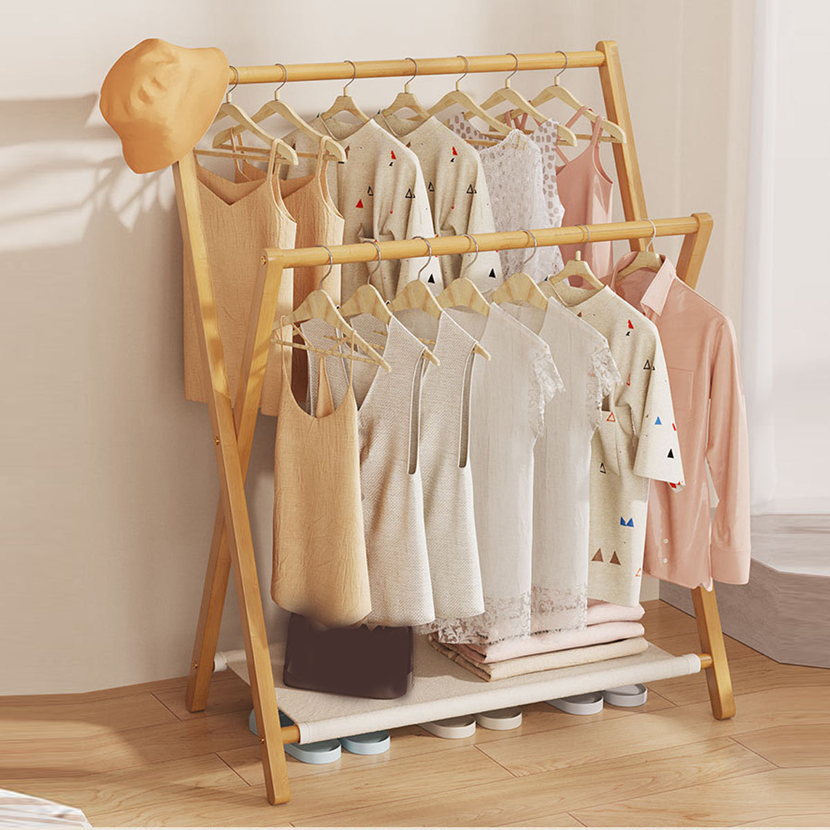 Foldable Bamboo Clothes Rack with Fabric Shelf
