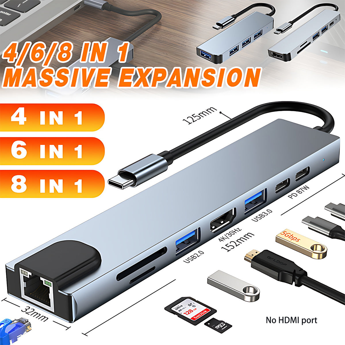 USB-C Hub 8/6/4-in-1 Adapter with HDMI and Multi Ports
