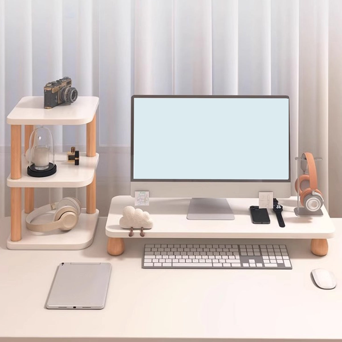 2 Pcs Monitor Riser and Desktop Storage Shelf MDF Beech Wood