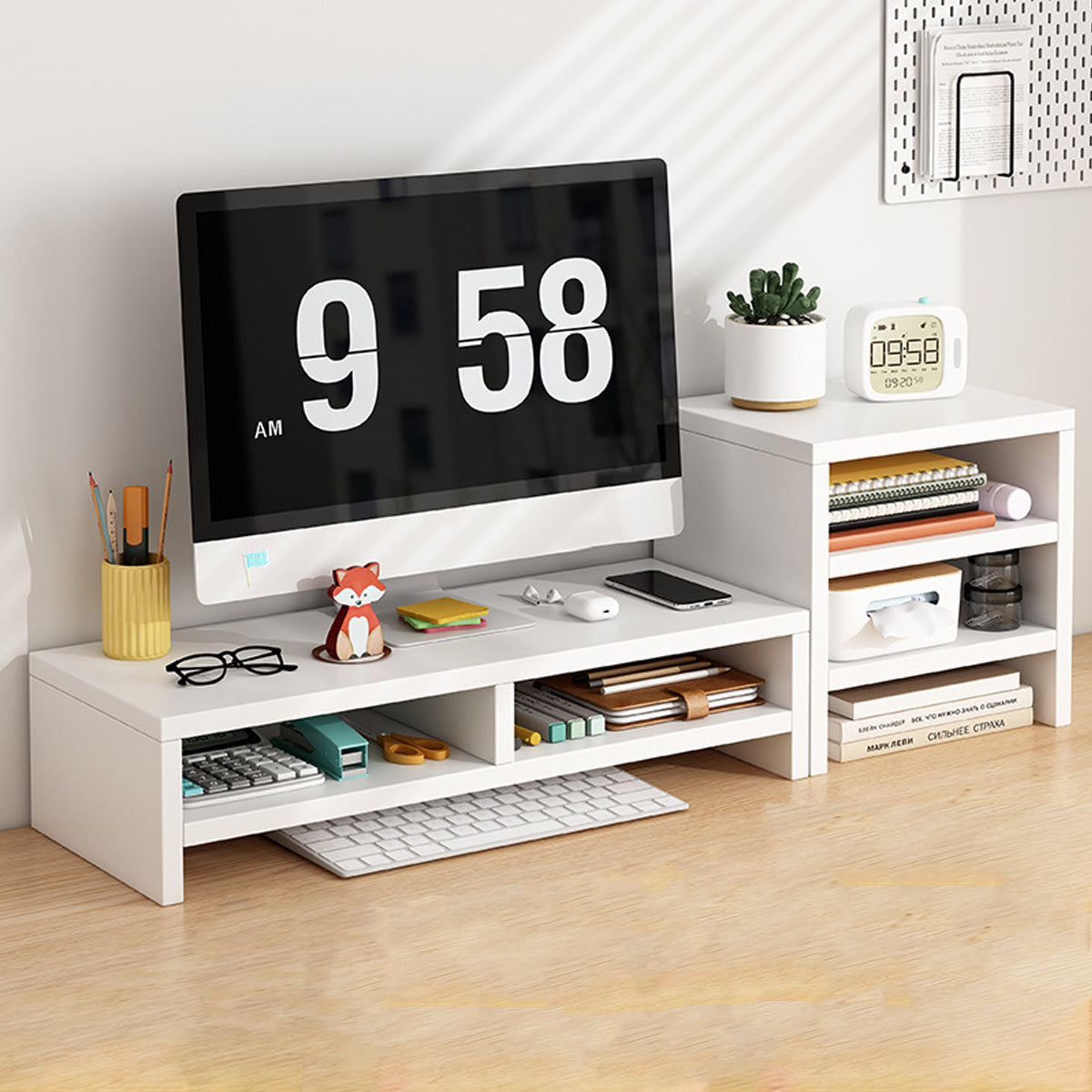 2 Pcs Monitor Riser and 3-Tier Desk Storage Rack White Wood