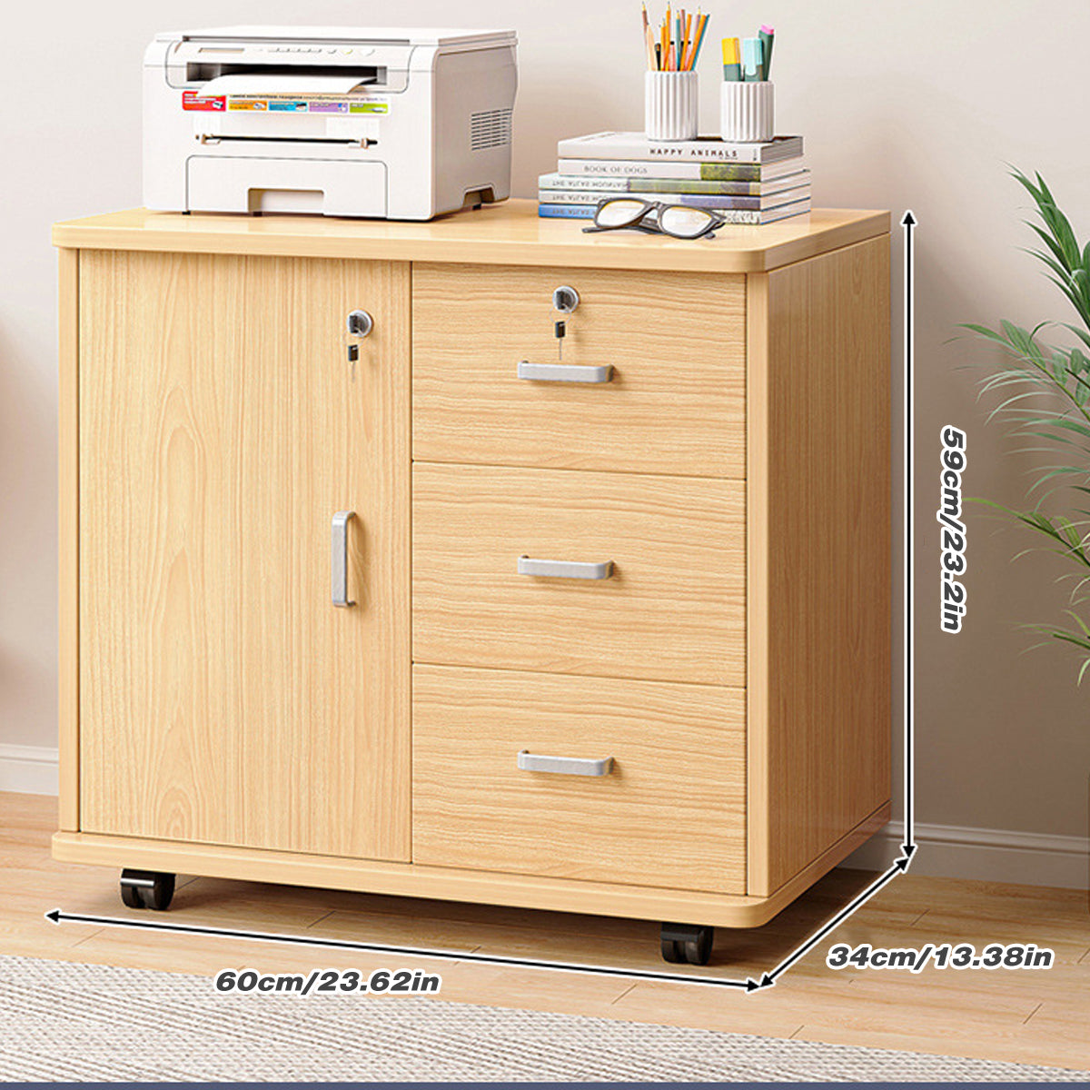 Movable Filing Cabinet with Wheels Locking Doors and Drawers