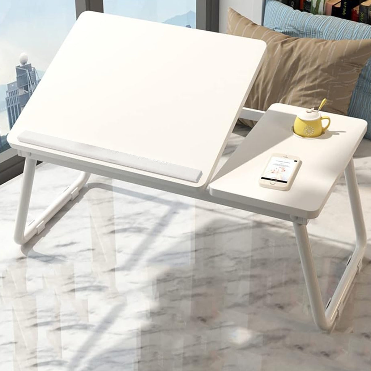 Foldable Bedside Laptop Desk with Adjustable Angle and Cup Holder