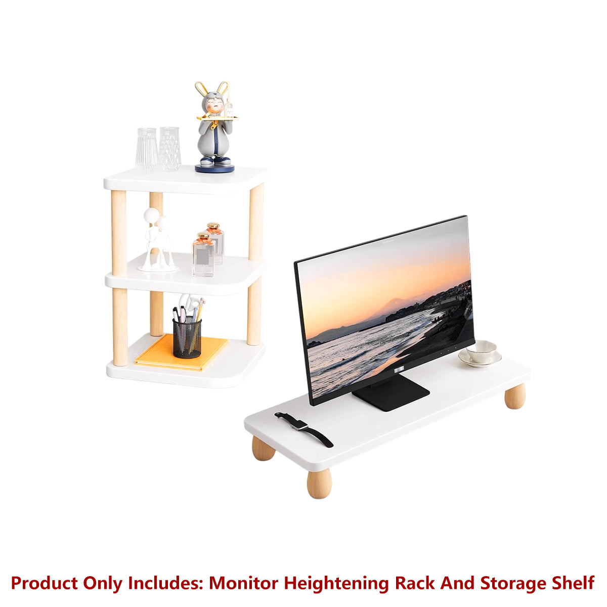 2 Pcs Monitor Riser and Desktop Storage Shelf MDF Beech Wood