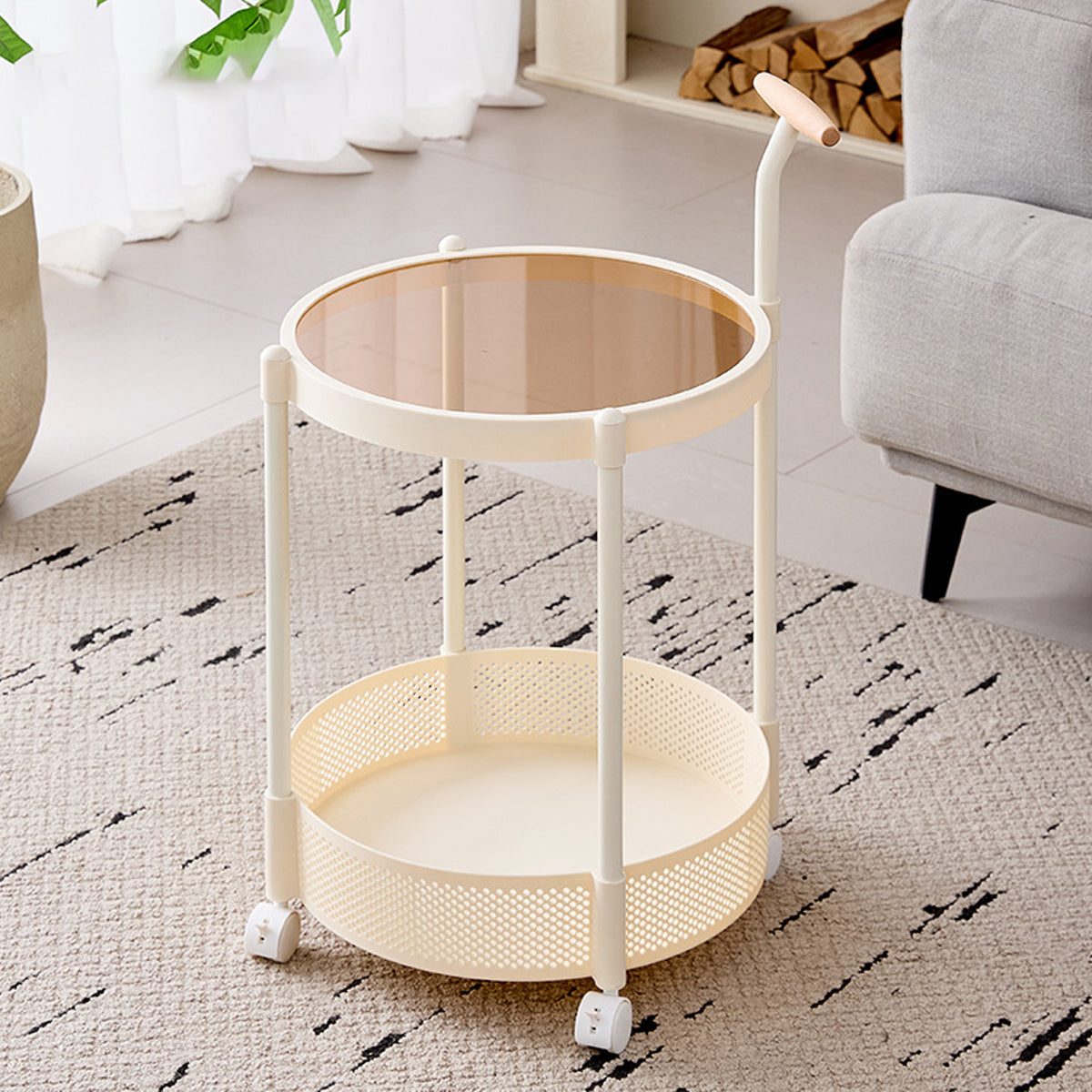 Movable Side Table with Rolling Caster Wheels 2 Tier Design