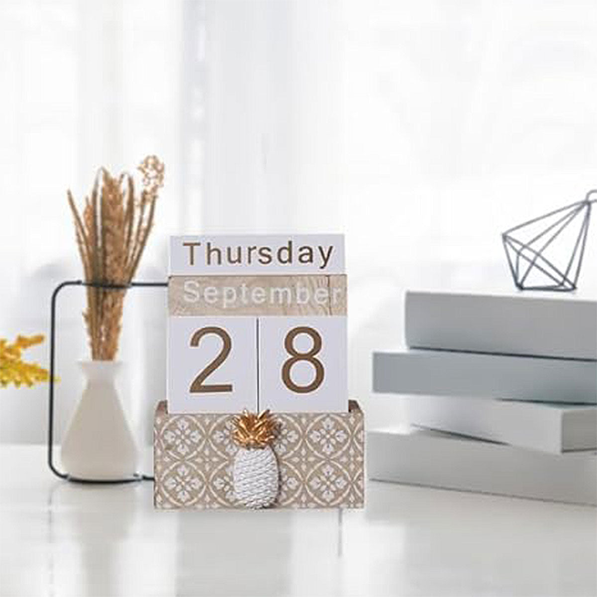 Wooden Perpetual Desk Calendar Retro Block Desktop Decor