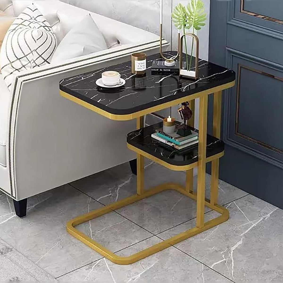 2 Tier Side Table with Rounded Corners for Living Room