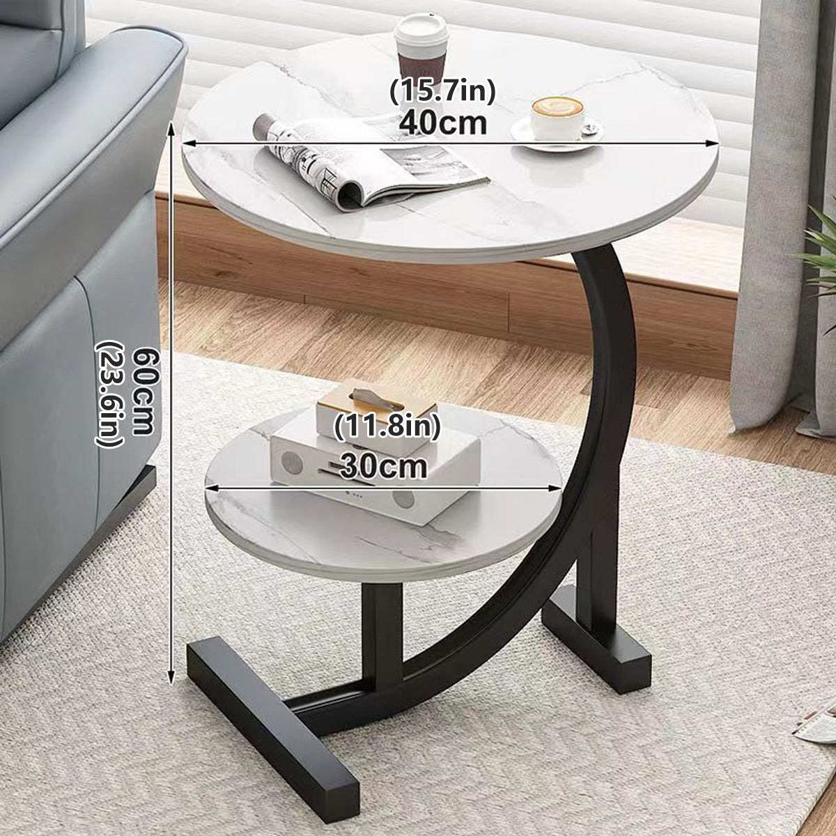 Mobile Round Side Table with Two Tier Storage