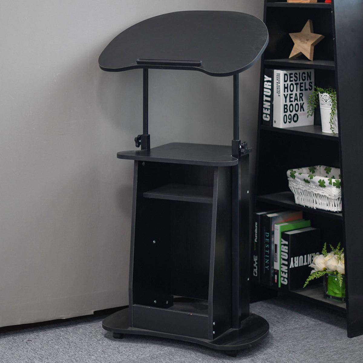 Mobile Adjustable Sofa Side Table with Tilting Desktop and Storage Layers