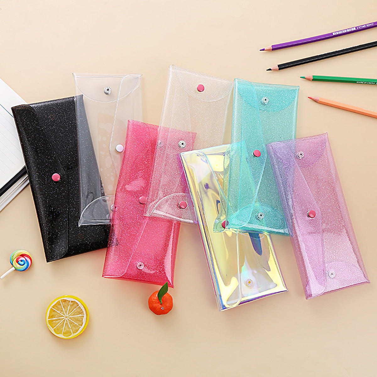 7 Pcs Transparent Pencil Bags PVC Snap Button Assorted Colours