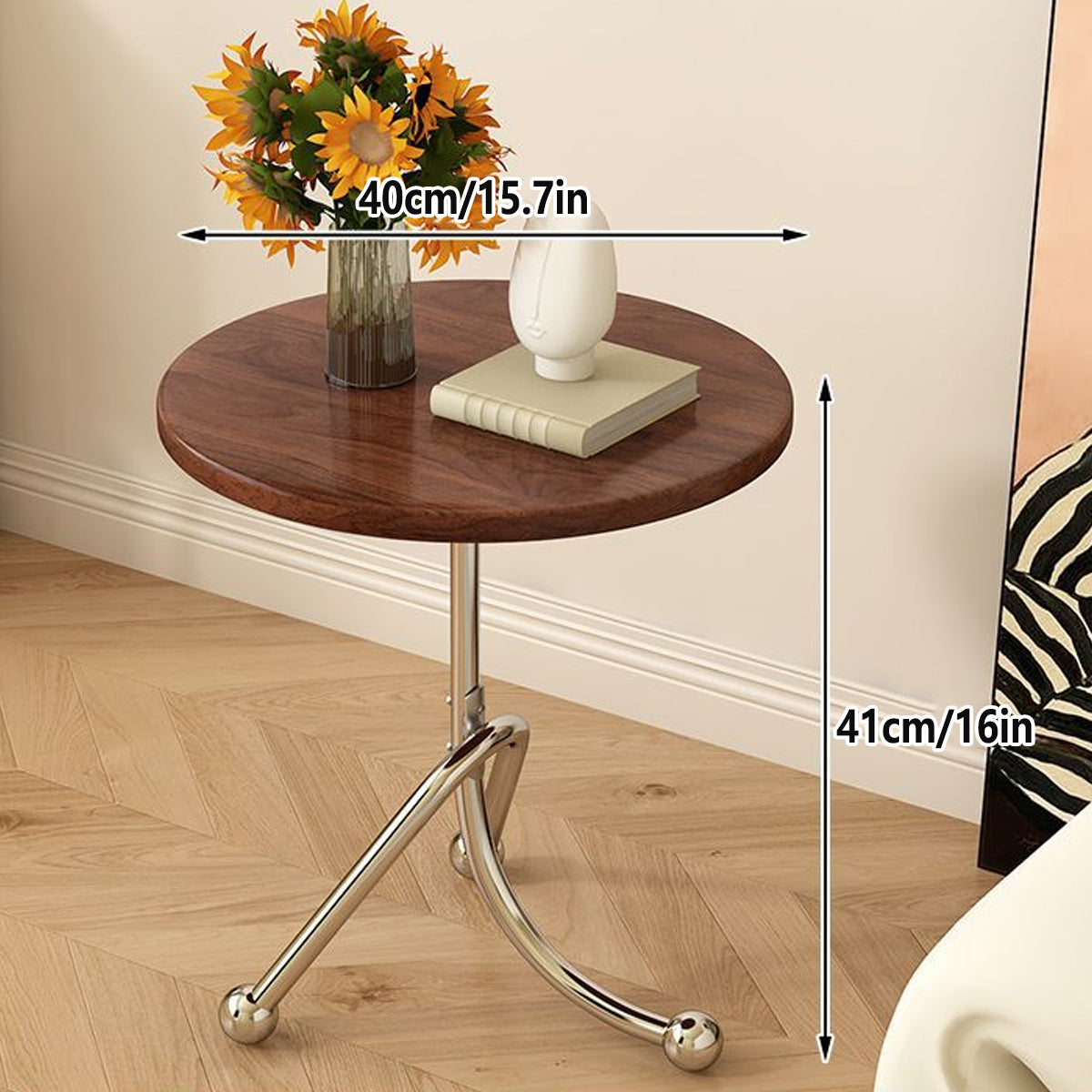 Vintage Round Side Table with Wooden Top for Living Room