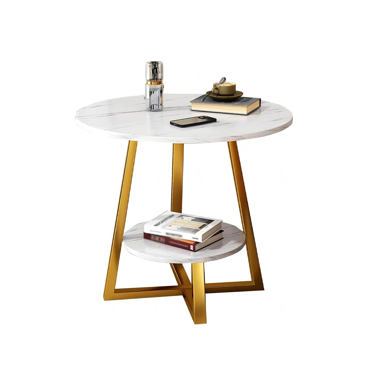 2 Tier Round Side Table White Marble Design Metal Frame