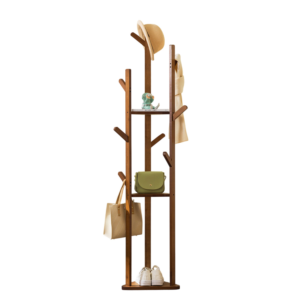 Bamboo Floor Standing Clothes Rack with 8 Hooks