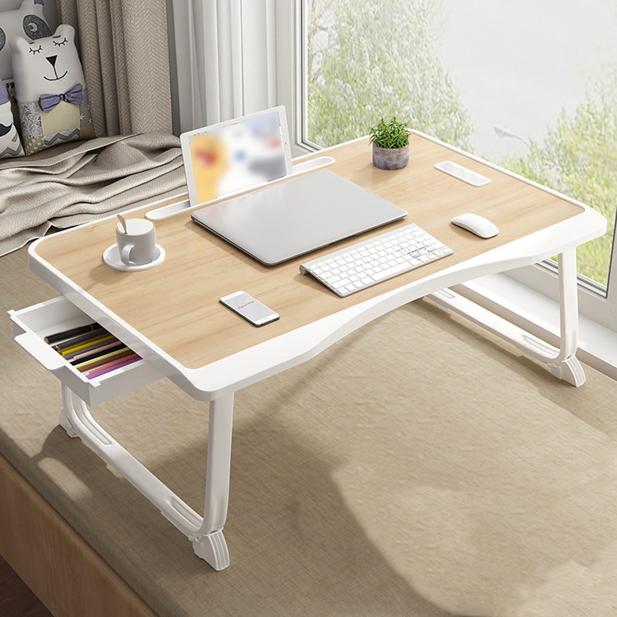 Folding Bed Desk Small Computer Table with Drawer for Study and Bedroom