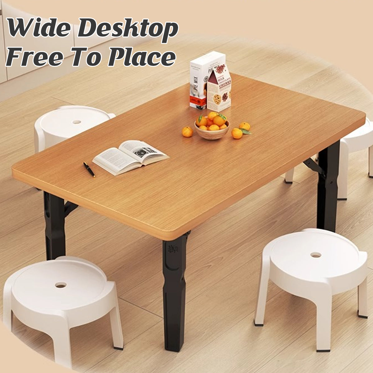 Foldable Small Square Table with Light Wood Top and Metal Legs