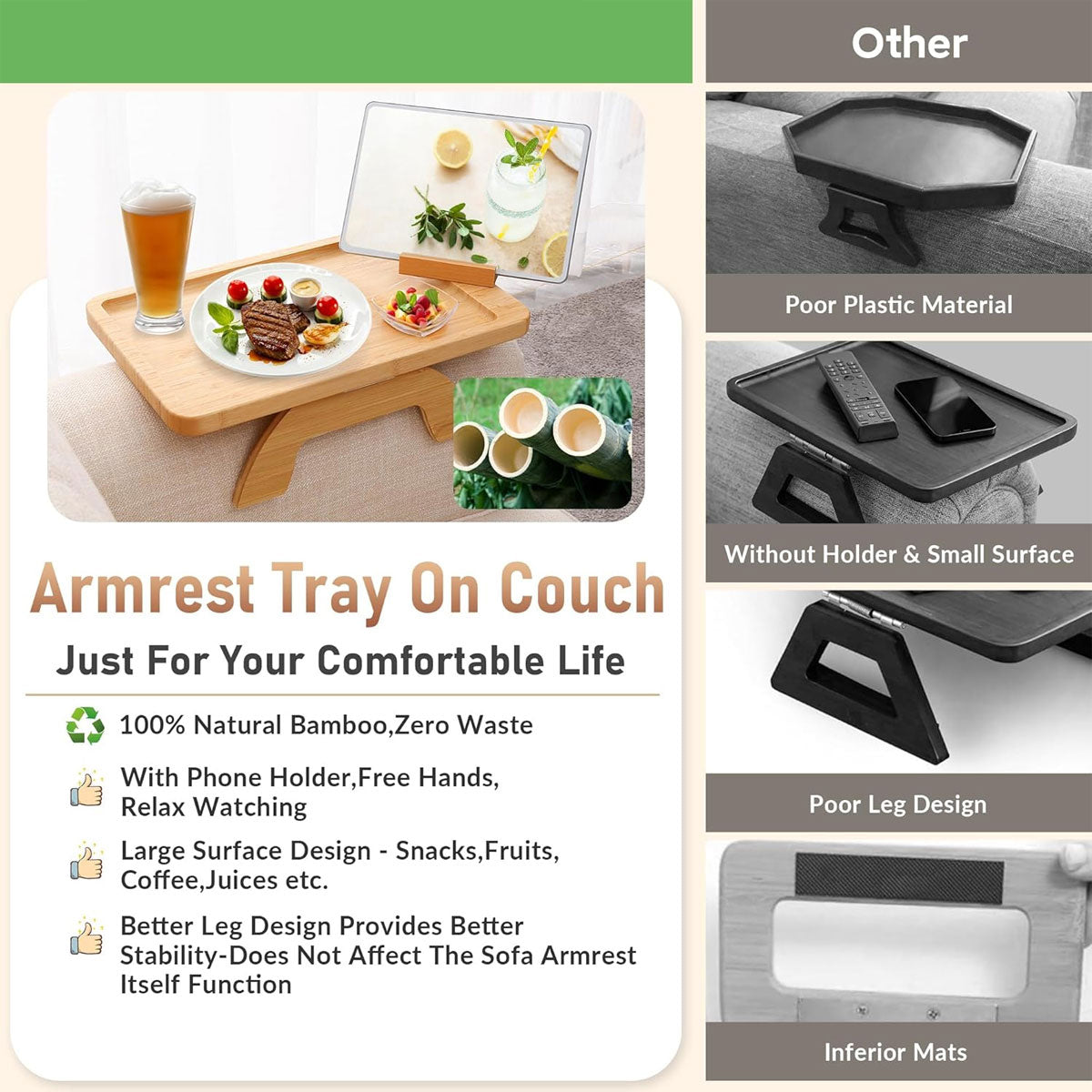 Bamboo Sofa Arm Tray with 360 Rotating Legs