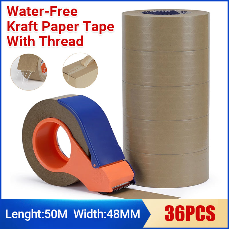 36 Rolls Kraft Paper Tape with Thread 48mm x 50m Self Adhesive