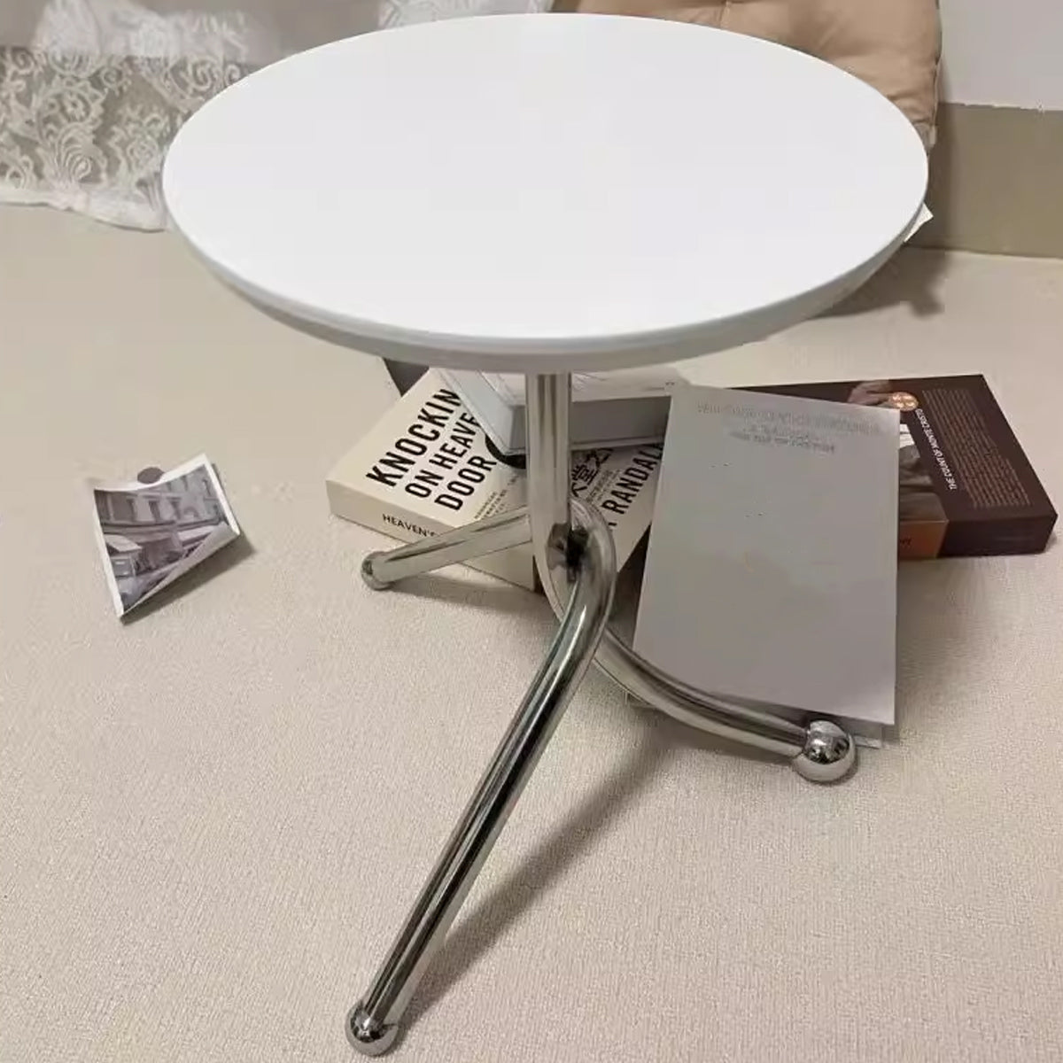 Round Side Table Stainless Steel Frame with Rubber Wood Top