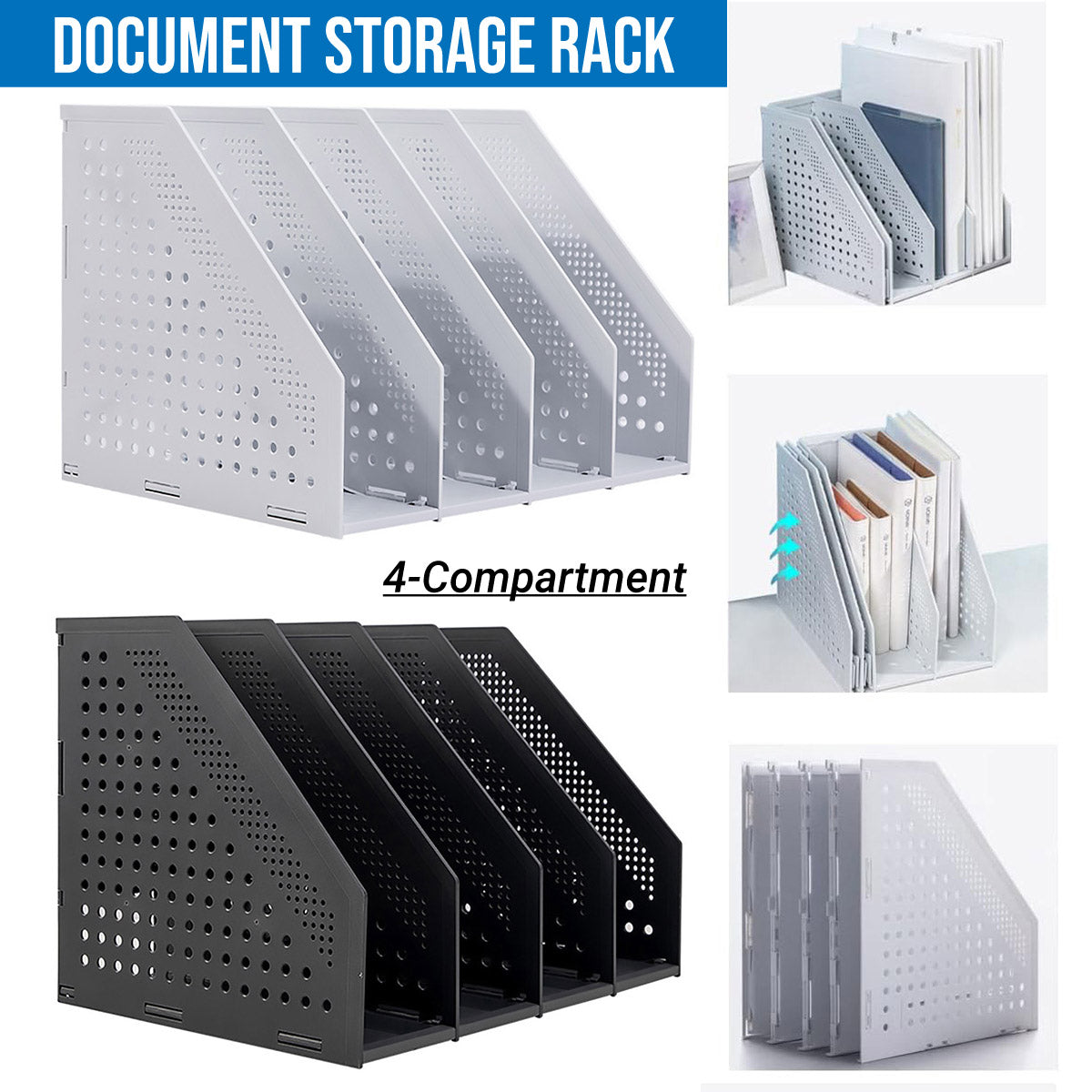 4-Compartment Document Storage Rack Foldable HIPS