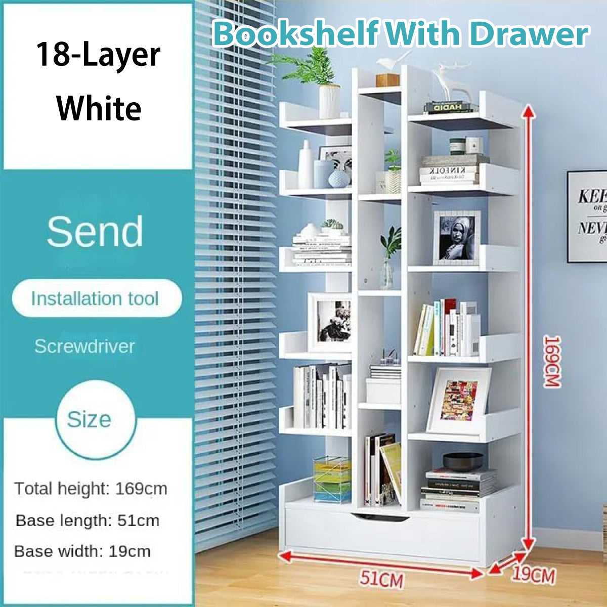 18-Tier Bookcase Shelf with Drawer Space Saving