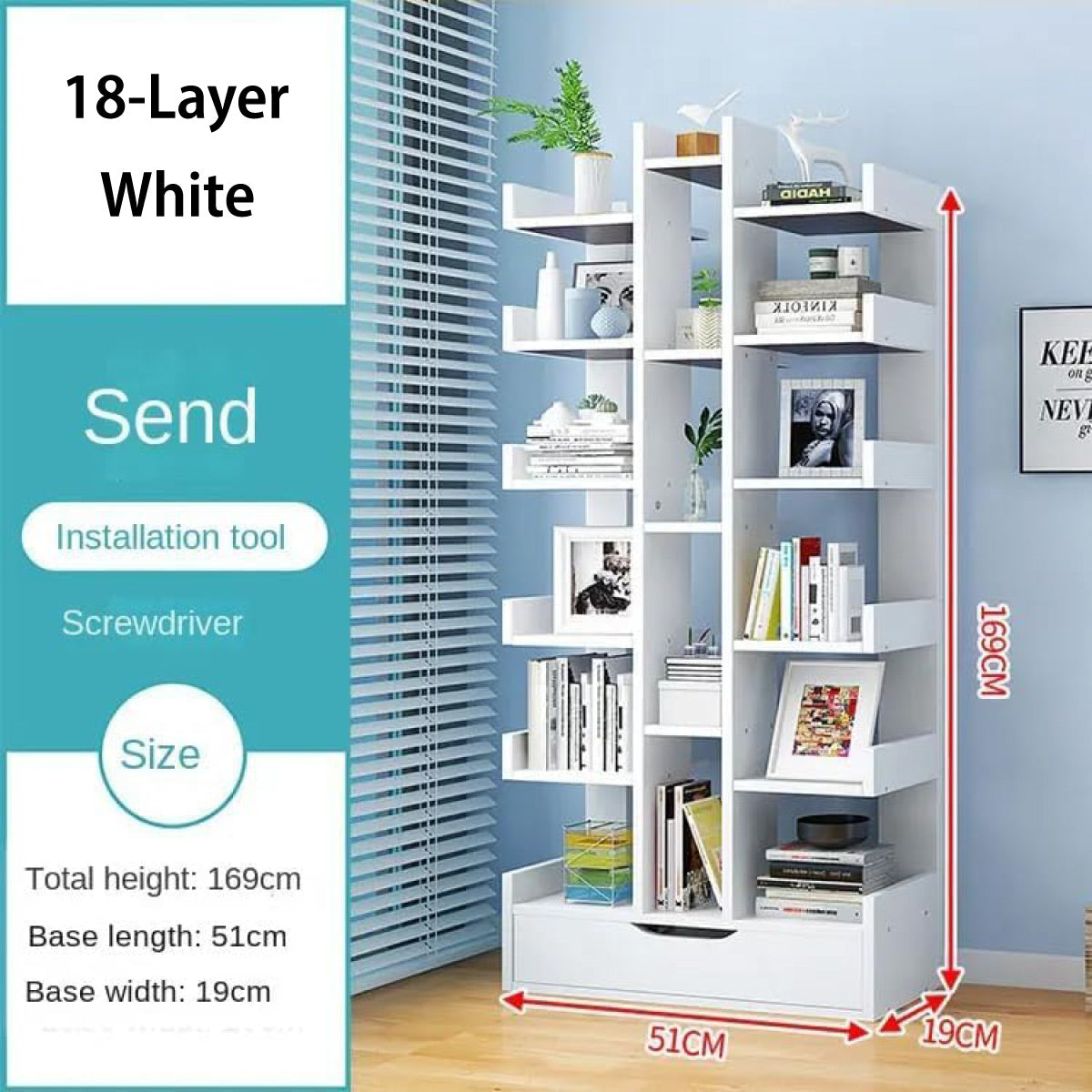 18-Tier Bookcase Shelf with Drawer Space Saving