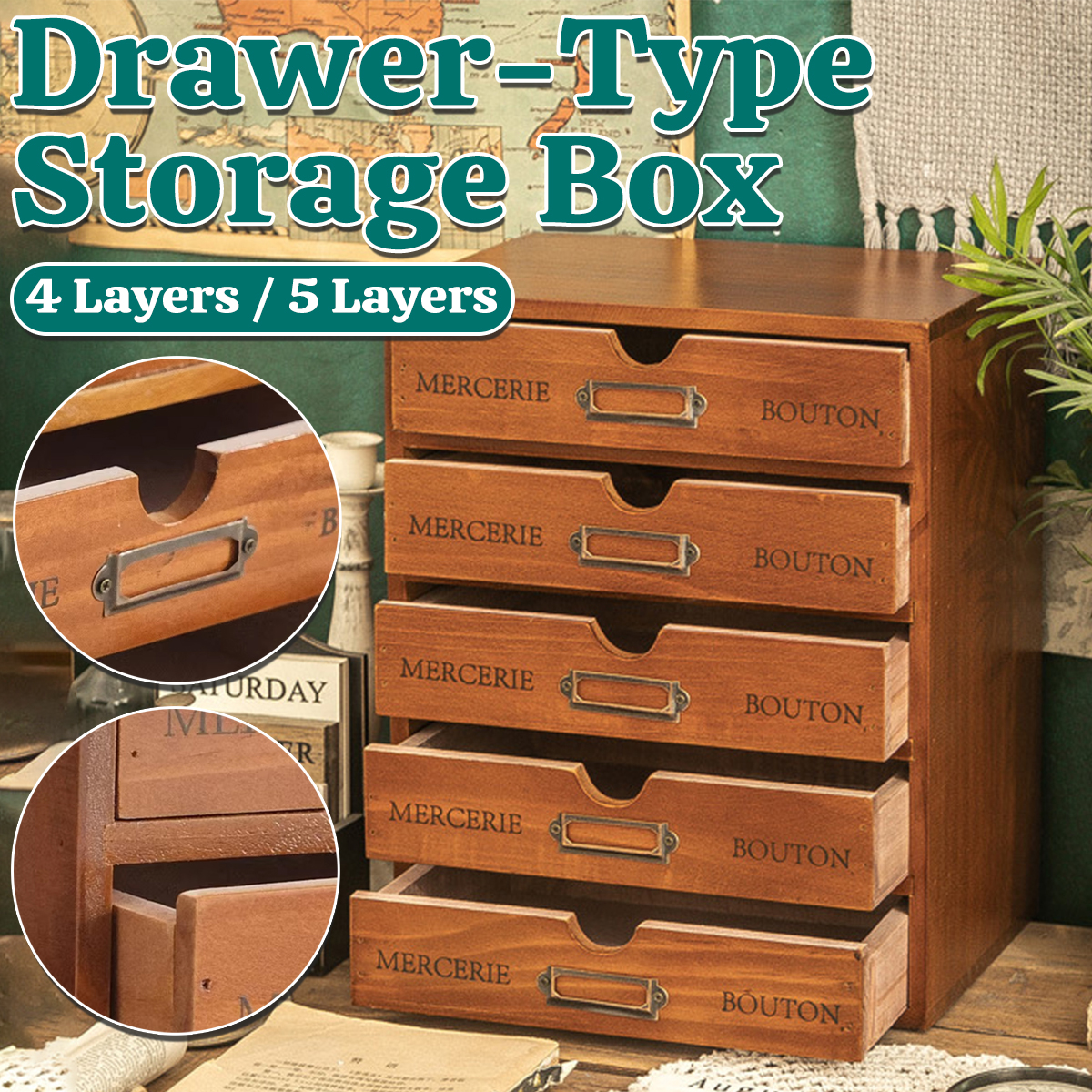 Solid Wood Desktop Storage Box with 4 or 5 Drawers