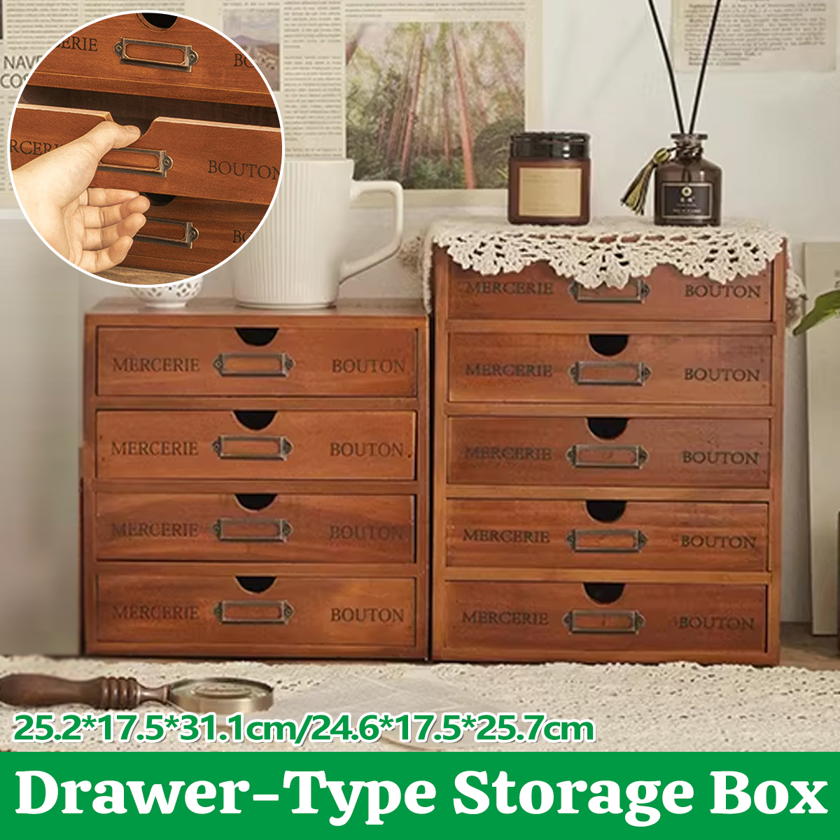 Solid Wood Desktop Storage Box with 4 or 5 Drawers