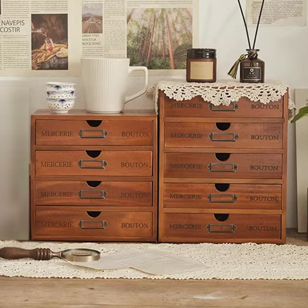 Solid Wood Desktop Storage Box with 4 or 5 Drawers
