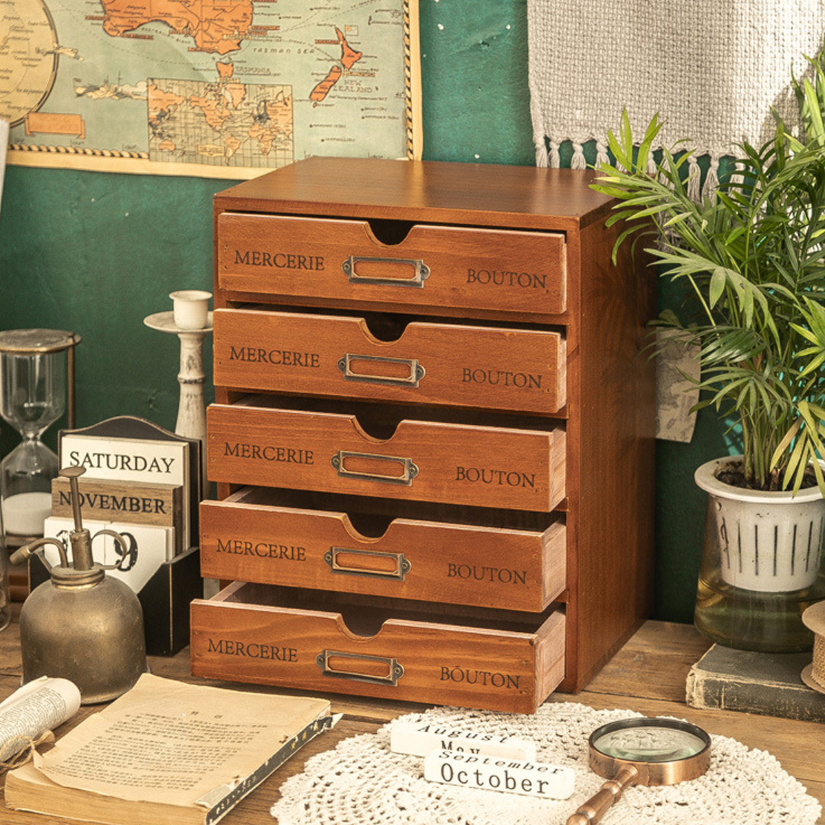 Solid Wood Desktop Storage Box with 4 or 5 Drawers