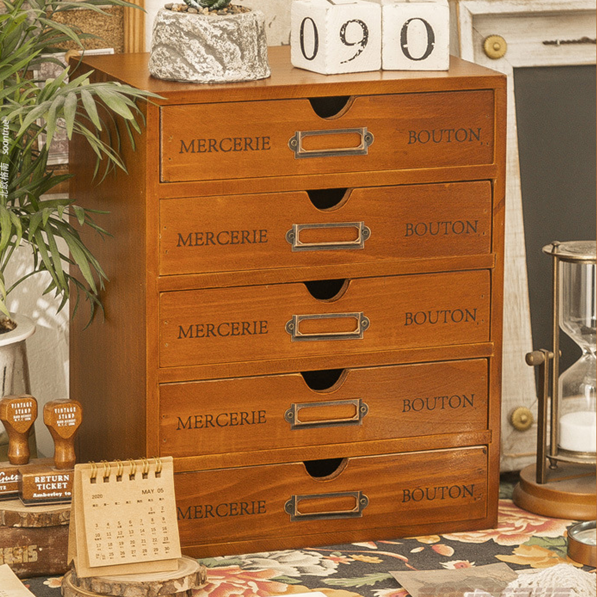 Solid Wood Desktop Storage Box with 4 or 5 Drawers