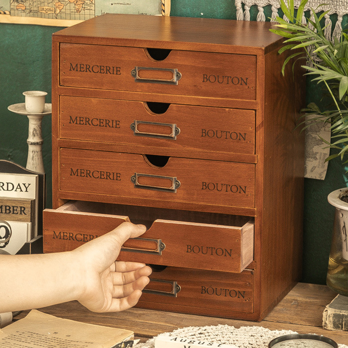 Solid Wood Desktop Storage Box with 4 or 5 Drawers