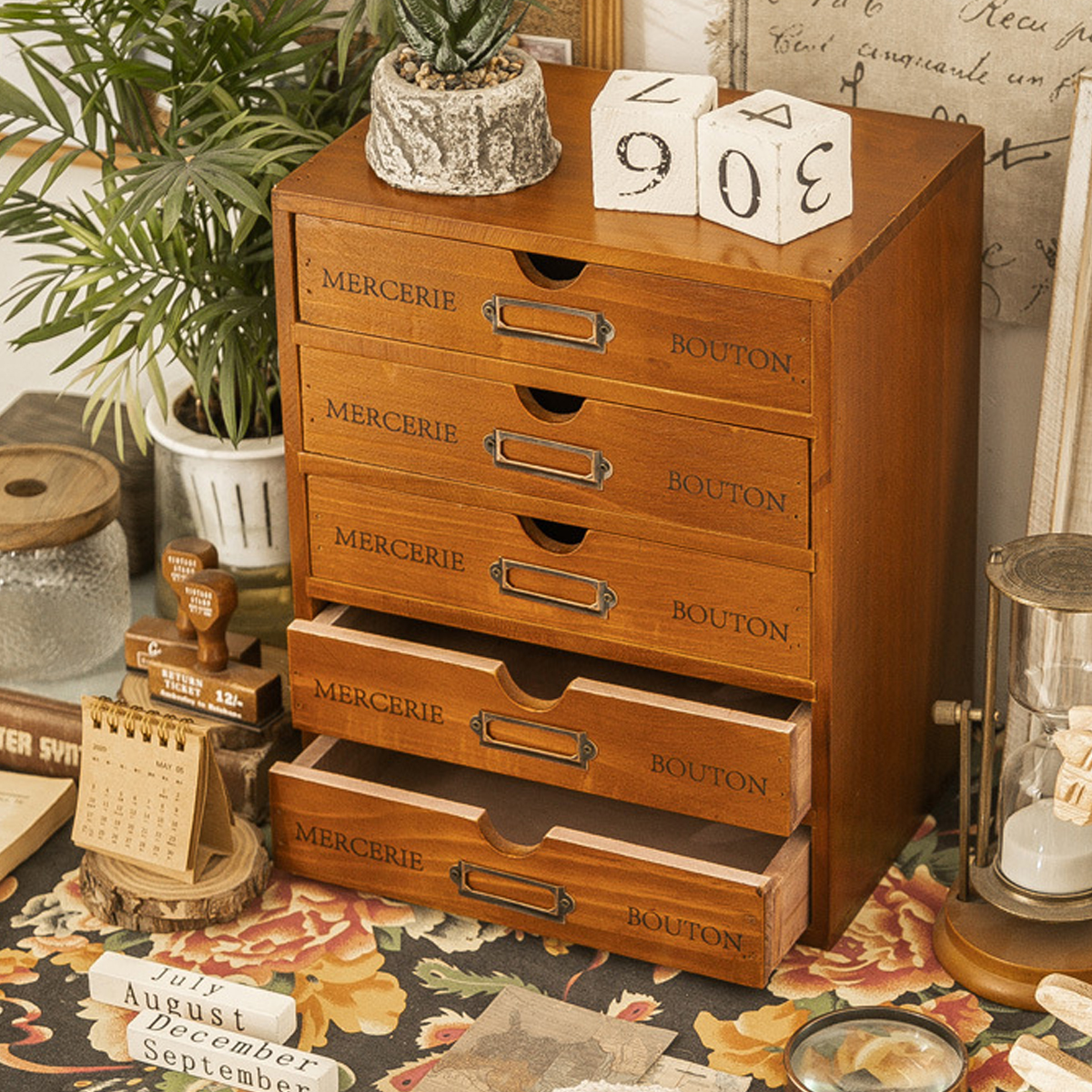 Solid Wood Desktop Storage Box with 4 or 5 Drawers