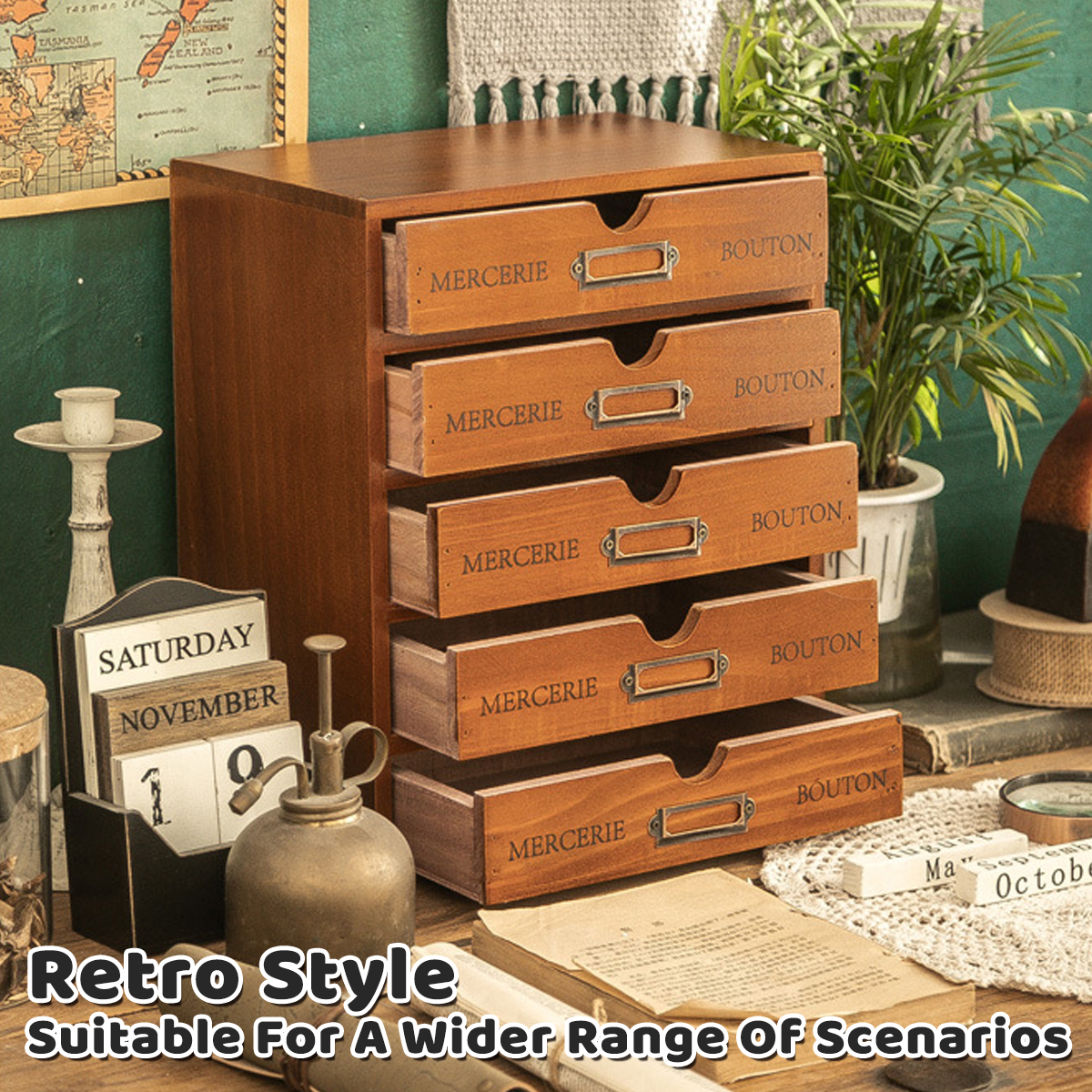 Solid Wood Desktop Storage Box with 4 or 5 Drawers