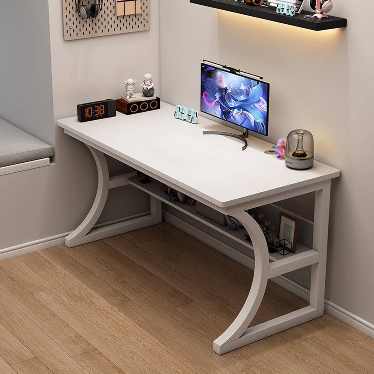 Desktop Computer Table with Open Shelf and C-Frame