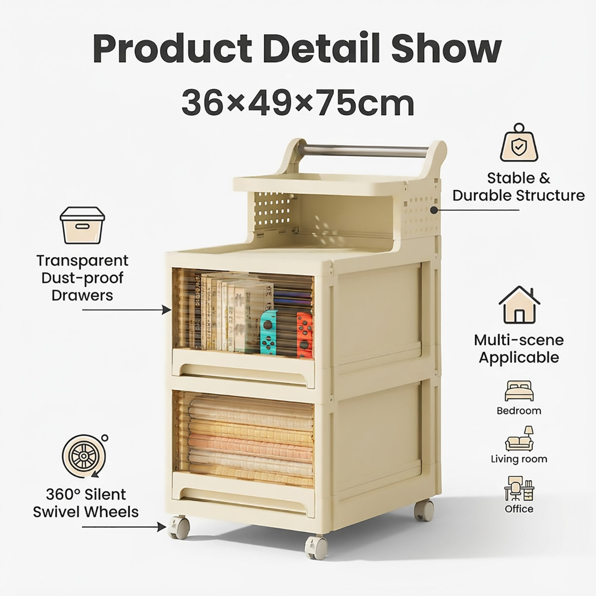 4-Tier Storage Trolley Transparent Drawers on Wheels