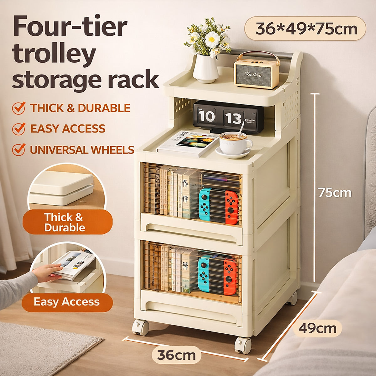 4-Tier Storage Trolley Transparent Drawers on Wheels