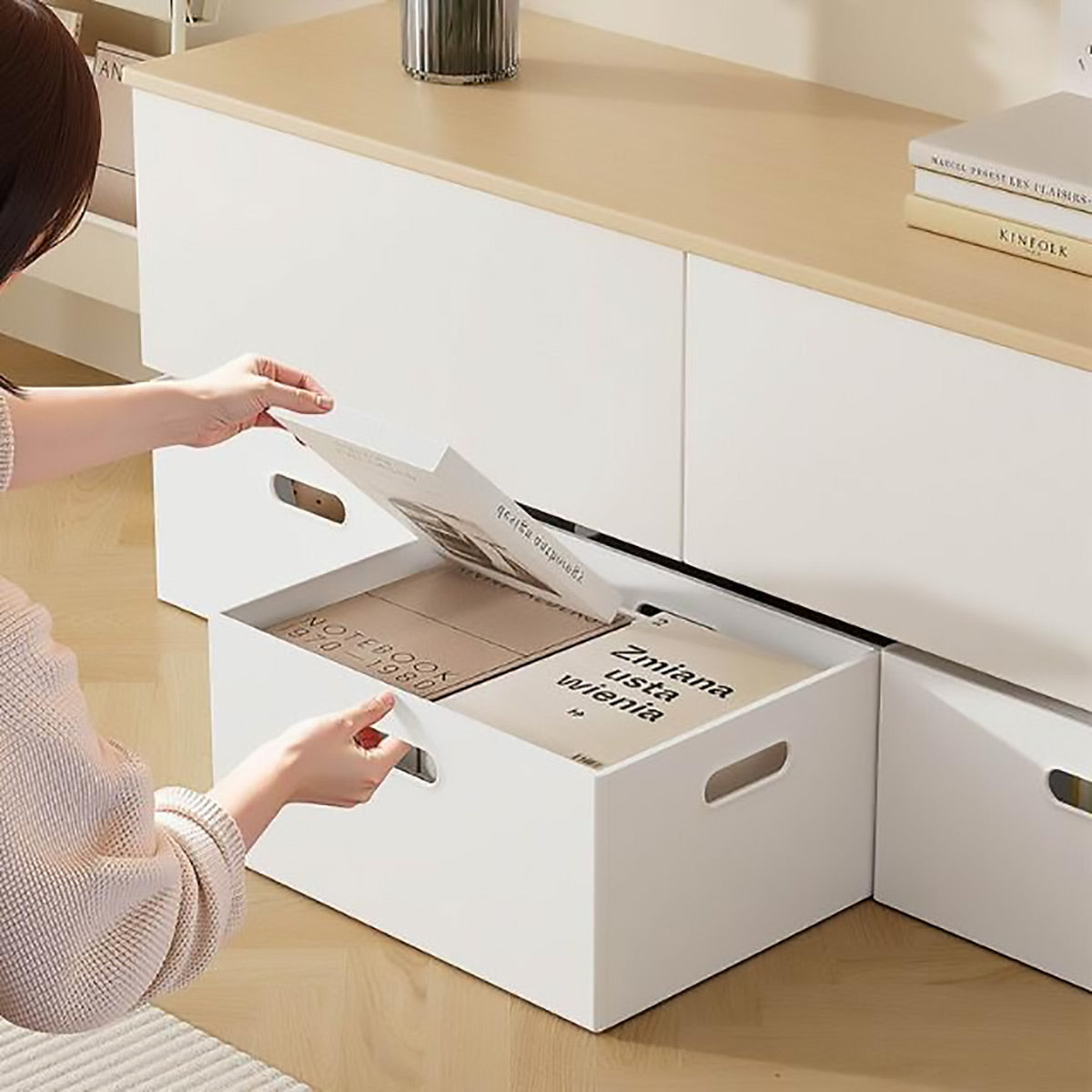Portable White Storage Box with Handles Home Office