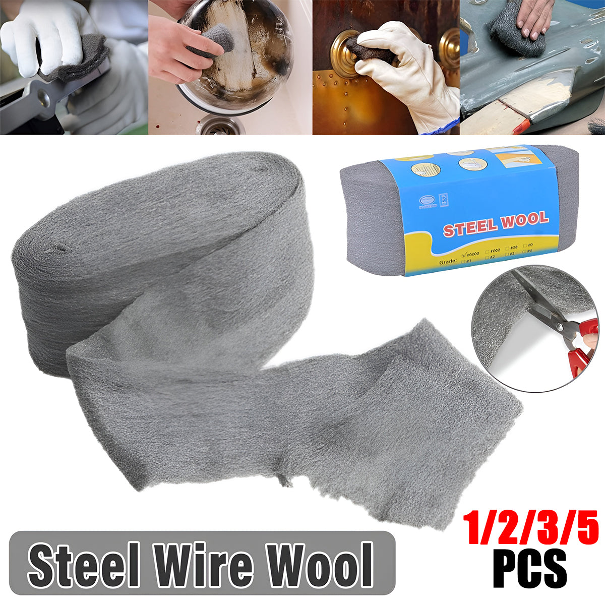 2/3/5 Pcs Steel Wire Wool Grade 0000 Grey Polishing Cleaning Remover