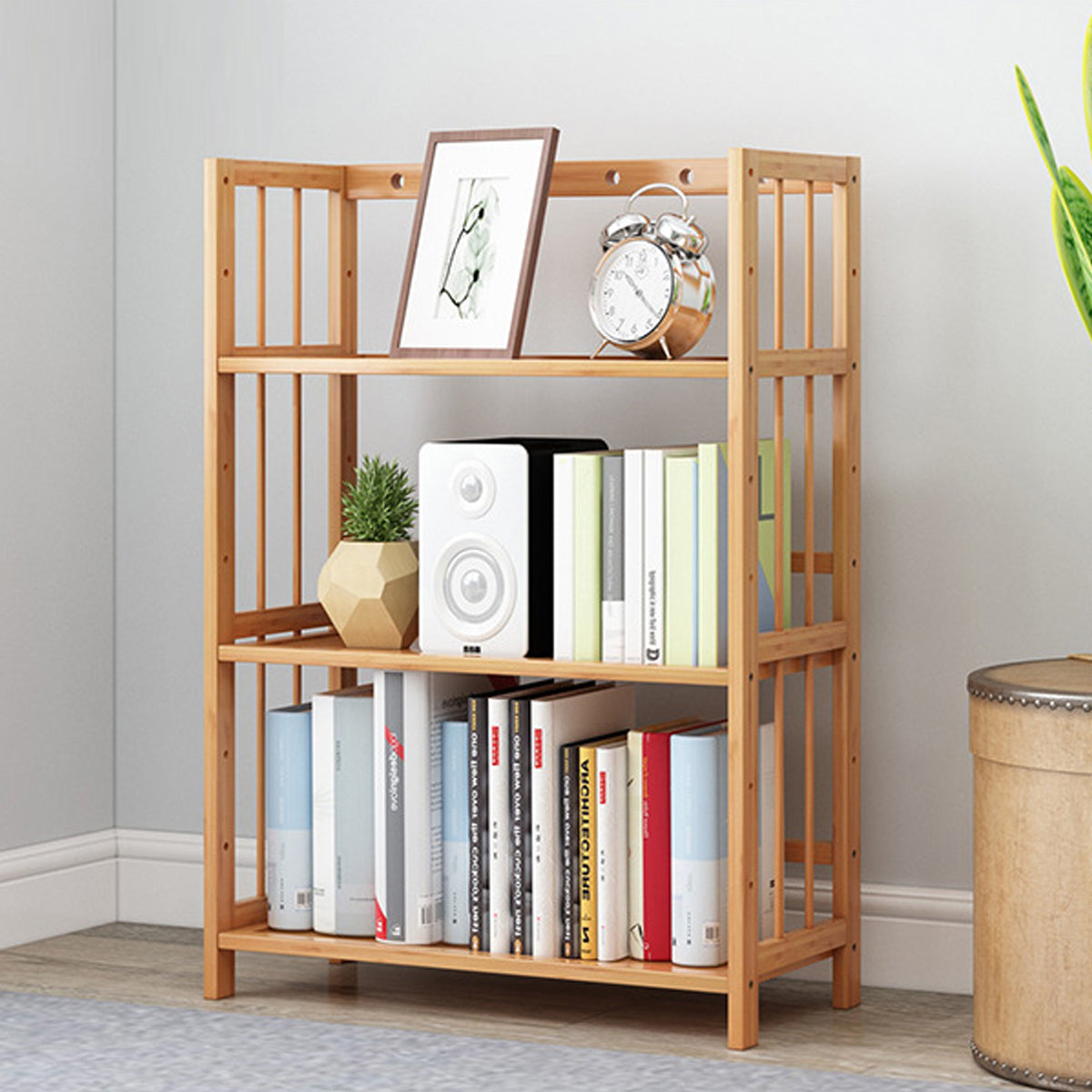Three Layer Bamboo Bookshelf Floor Rack for Home and Office