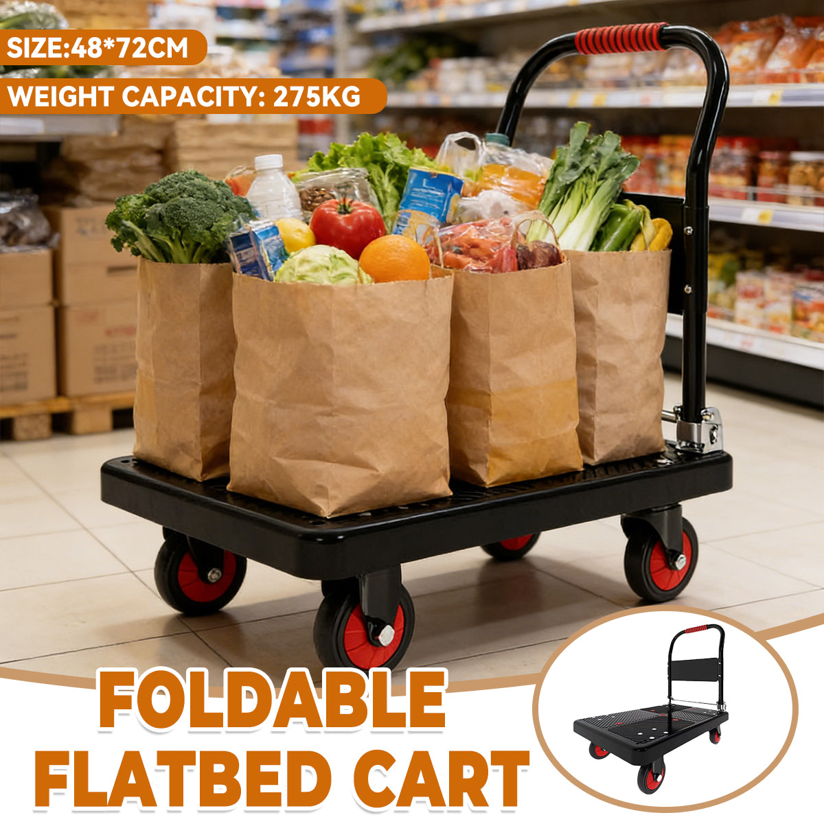 Folding Handle Flatbed Cart with 275kg Capacity