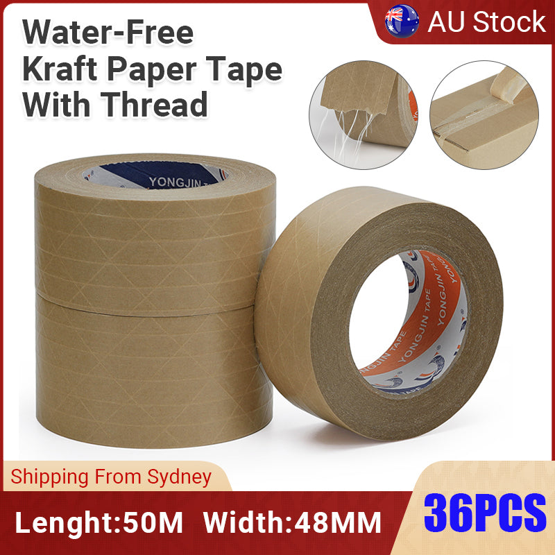 36 Rolls Kraft Paper Tape with Thread 48mm x 50m Self Adhesive