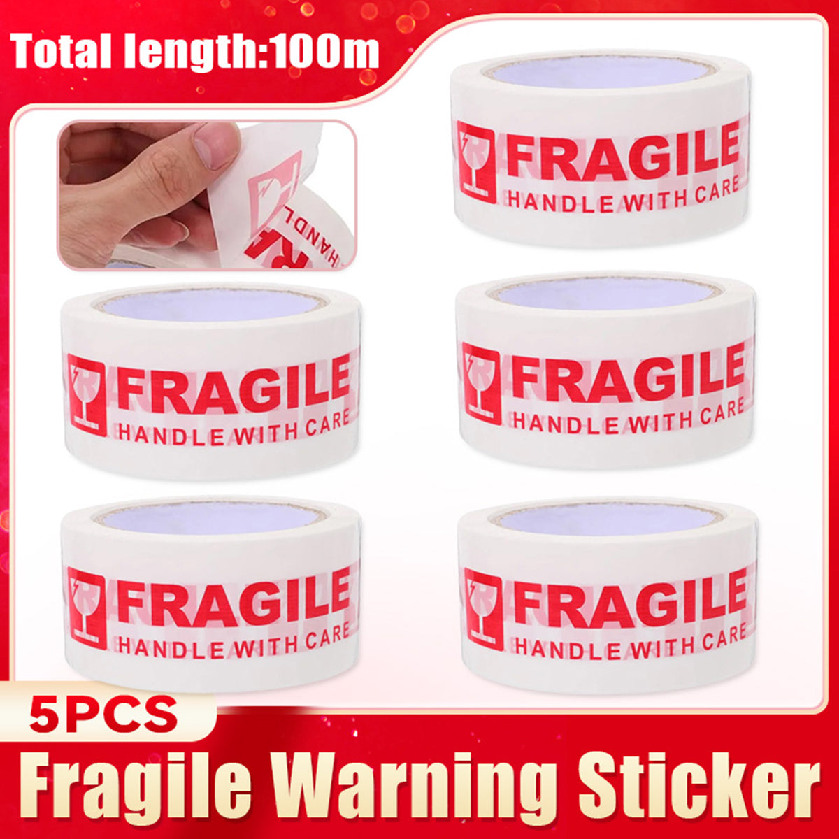 5 Rolls Fragile Warning Tape for Shipping Boxes